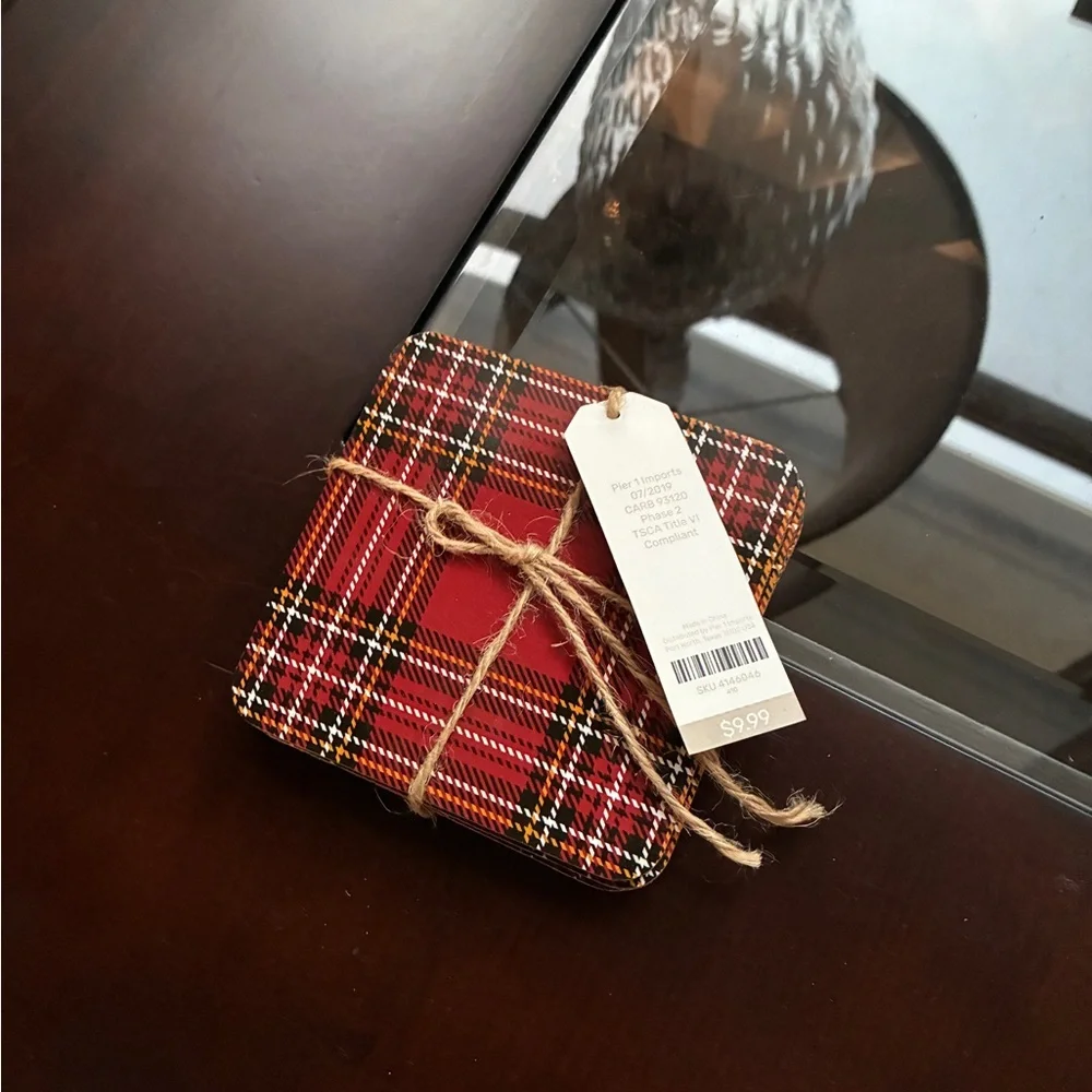 NWT! Pier 1 Red Plaid Coasters Set